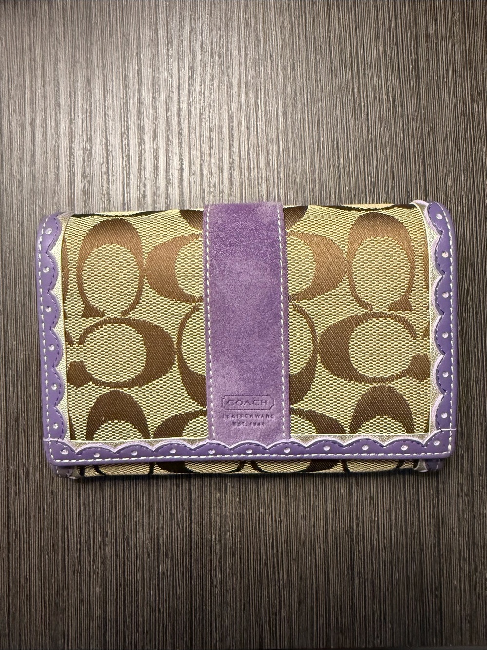Coach Signature Canvas Card Holder with Purple Suede Trim